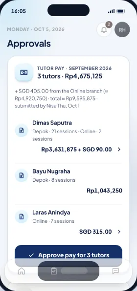 Pay approval for 3 tutors in the learning centre owner's app