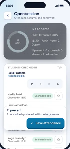 SNBT Intensive session in the tutor app: 11 of 14 students present