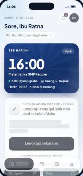Beranda orang tua di KamilEdu Learning Center: sesi Matematika pukul 16:00