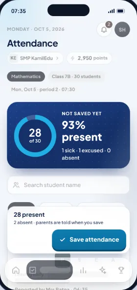 Class 7B attendance in the teacher app: 28 present, 2 absent