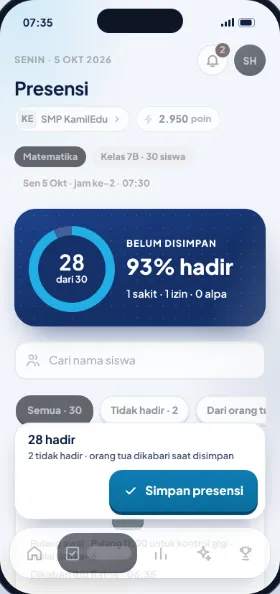 Presensi Kelas 7B di aplikasi guru: 28 hadir, 2 tidak hadir
