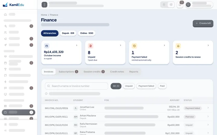 Learning centre finance per branch and currency in the desktop version