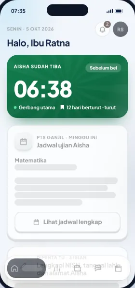 Beranda orang tua di aplikasi KamilEdu: Aisha sudah tiba di sekolah pukul 06:38